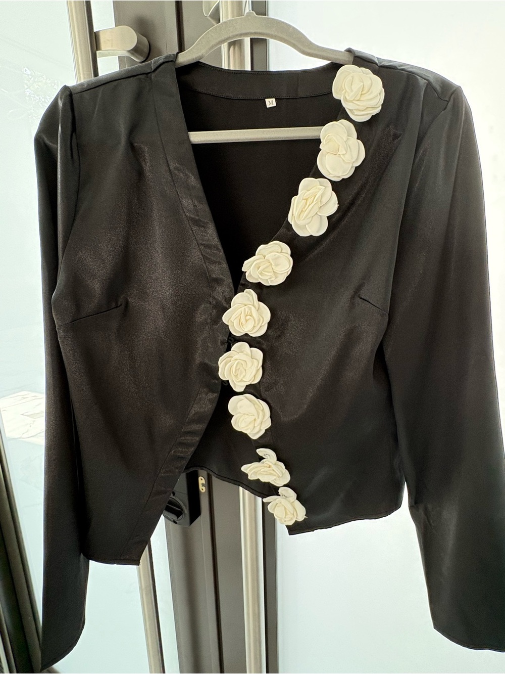 Black Women's Floral-Trim Jacket - Elegant Evening Layer